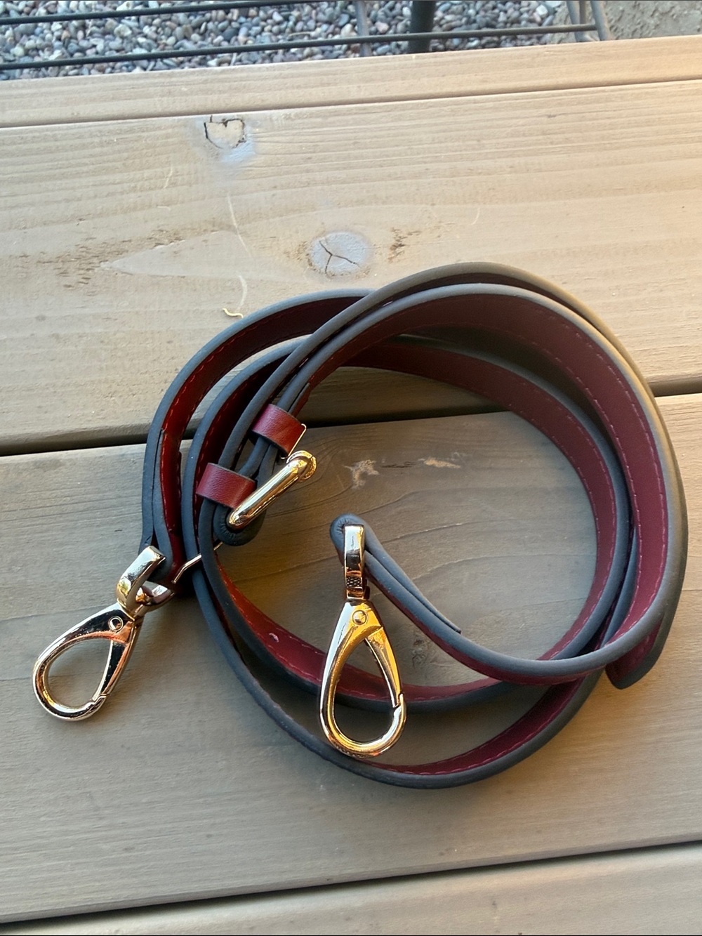Leather Crossbody Strap in Black and Deep Red with Gold Hardware